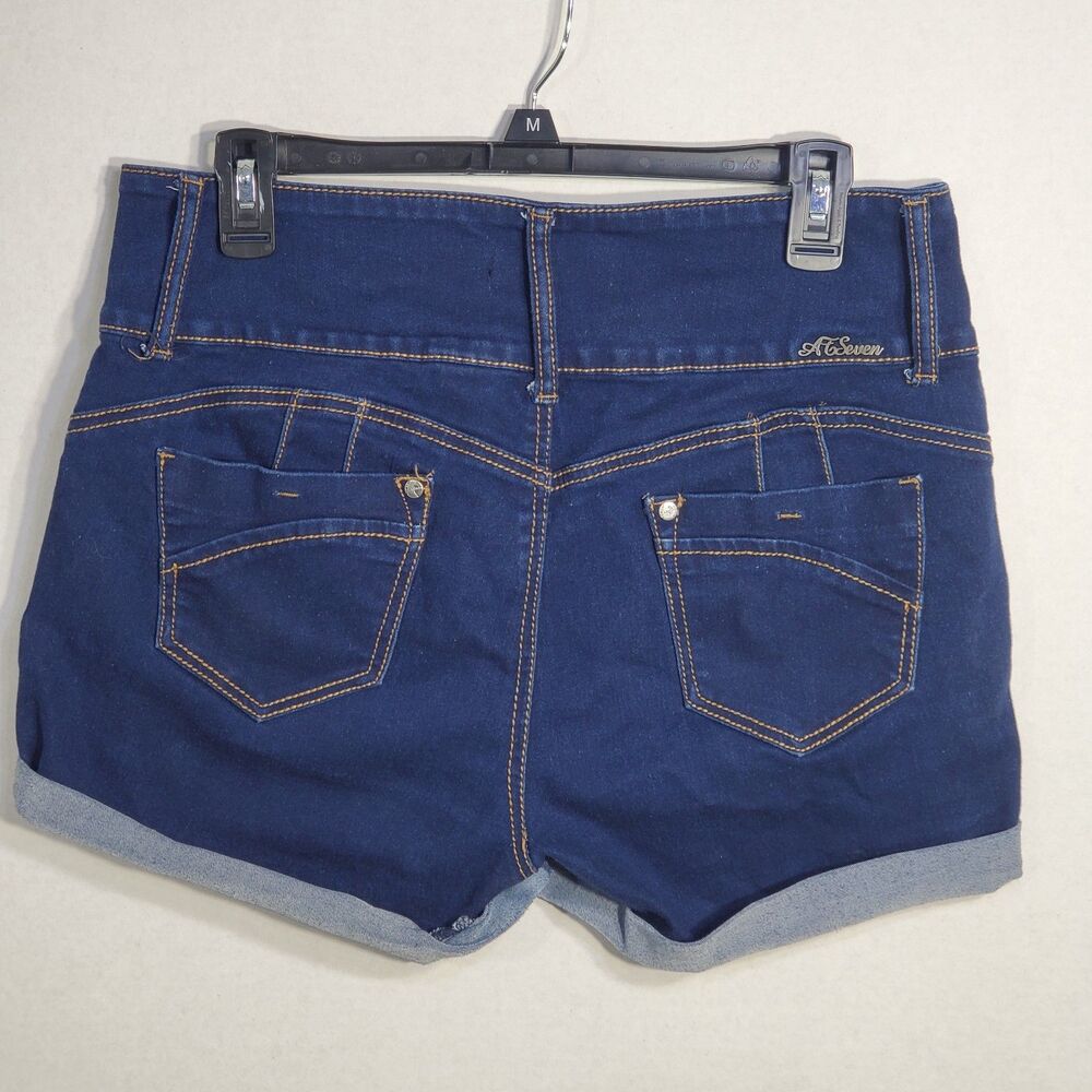 At Seven Women’s Juniors Cuffed Blue Stretch Denim Shorts Pants Sz 13